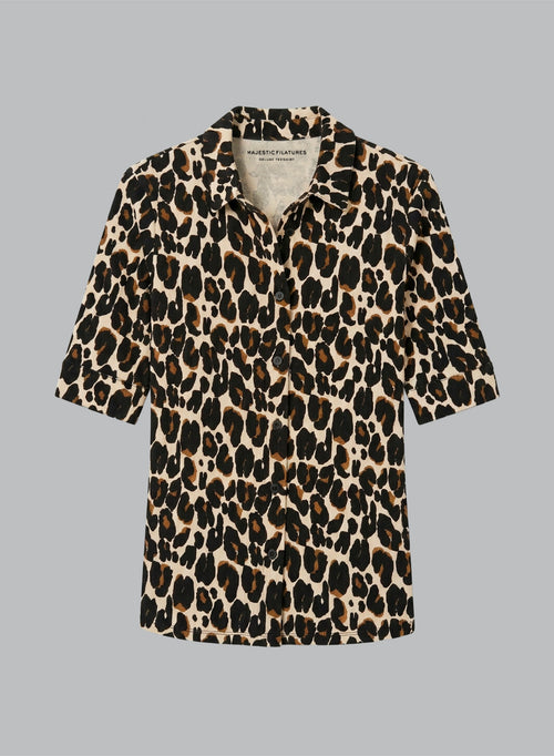 Heathered Ecru Elbow-Length-Sleeve Collared Shirt in Cotton / Elastane - MAJESTIC FILATURES