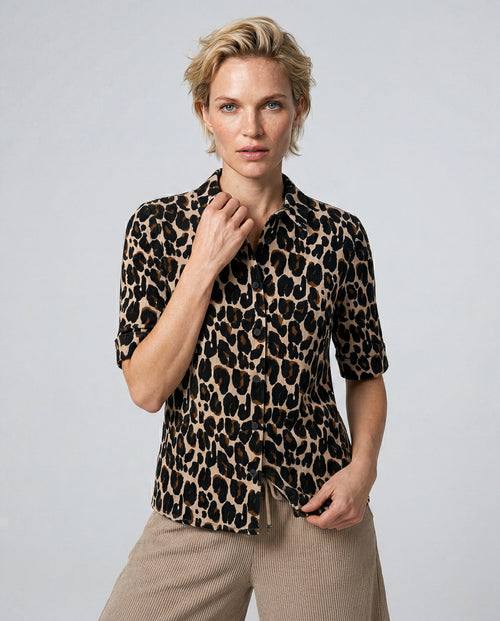 Heathered Ecru Elbow-Length-Sleeve Collared Shirt in Cotton / Elastane - MAJESTIC FILATURES