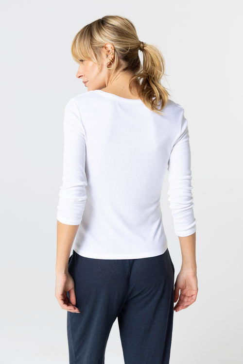 Camiseta blanca cuello en V y mangas tres cuartos de viscosa/elastano - MAJESTIC FILATURES
