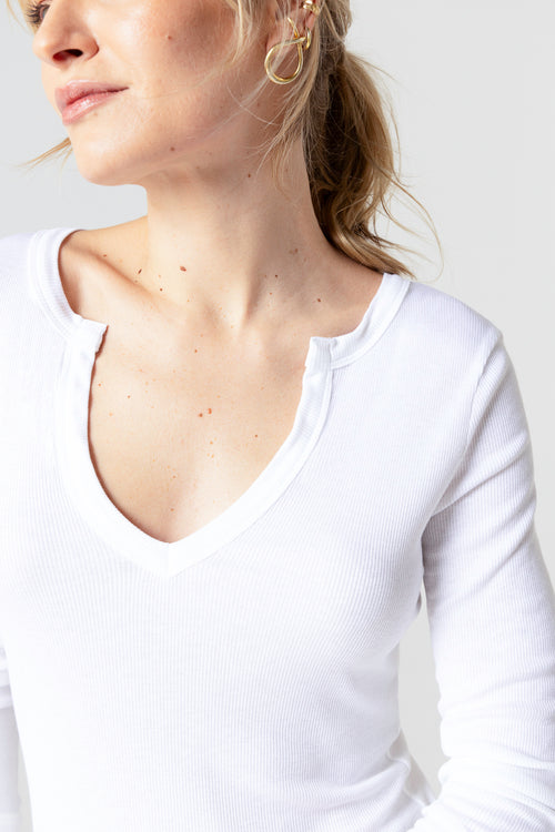 Camiseta blanca cuello en V y mangas tres cuartos de viscosa/elastano - MAJESTIC FILATURES