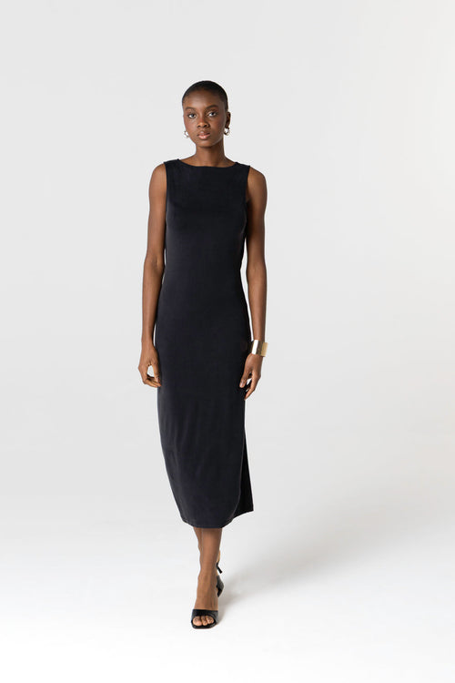 Black Sleeveless Boatneck Cupro / Elastane Dress - MAJESTIC FILATURES