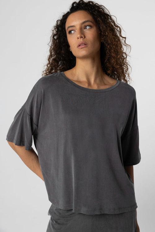 T-shirt Gris foncé Col Rond Manches Courtes en Cupro / Elasthanne - MAJESTIC FILATURES