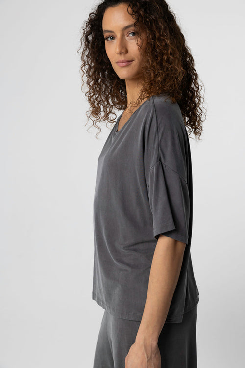 T-shirt Gris foncé Col Rond Manches Courtes en Cupro / Elasthanne - MAJESTIC FILATURES