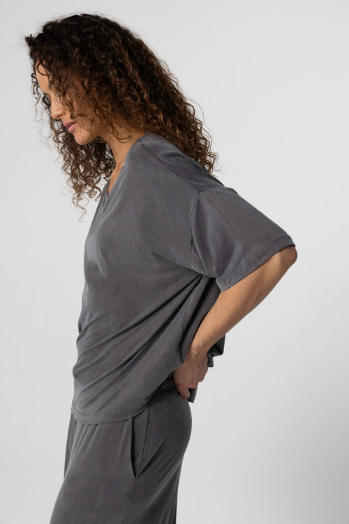 T-shirt Gris foncé Col Rond Manches Courtes en Cupro / Elasthanne - MAJESTIC FILATURES