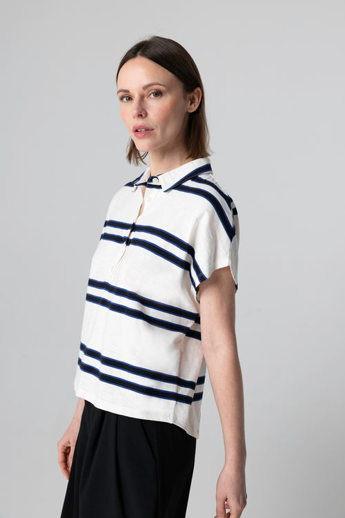 T-shirt Rayé Blanc Col Polo Manches Courtes en Coton organique - MAJESTIC FILATURES