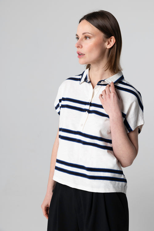 T-shirt Rayé Blanc Col Polo Manches Courtes en Coton organique - MAJESTIC FILATURES