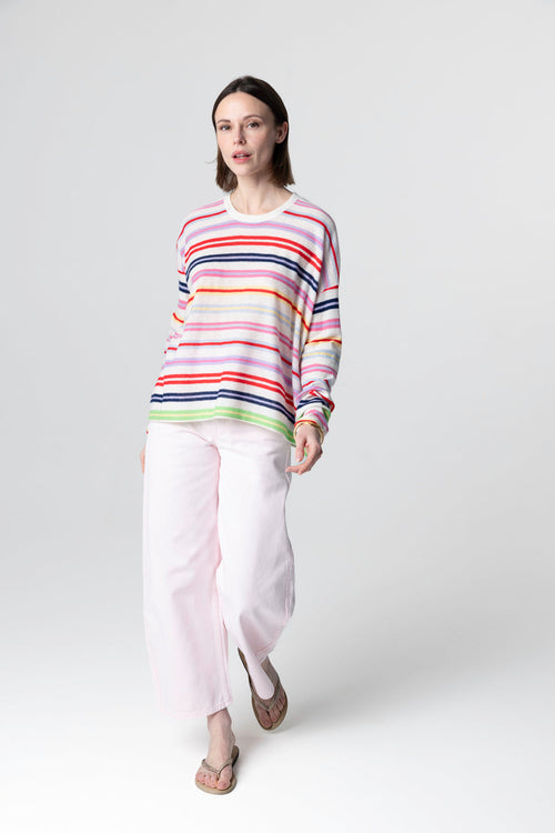 Pull Rayé Multicouleurs Col Rond Manches Longues en Cachemire extrafine - MAJESTIC FILATURES