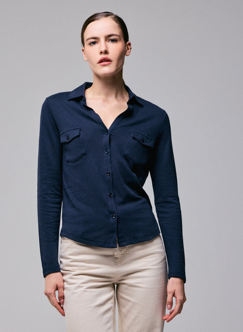 Chemise Bleu / Gris Chemise Manches Longues en Coton organique / Cachemire - MAJESTIC FILATURES