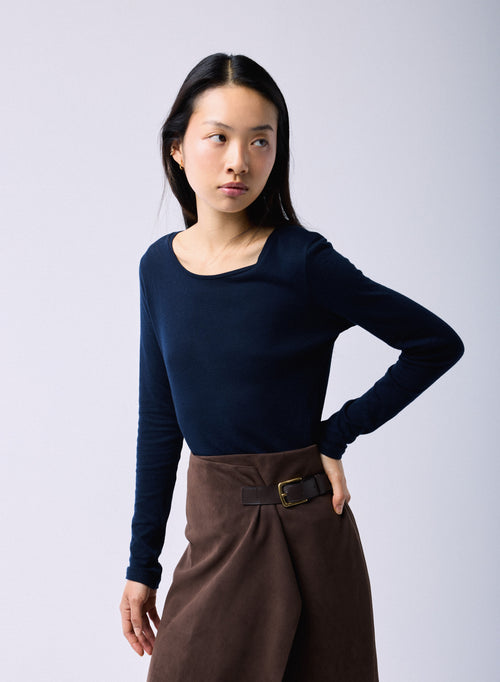 Blue / Grey T-shirt Round Neck Long Sleeves in Organic Cotton / Cashmere - MAJESTIC FILATURES