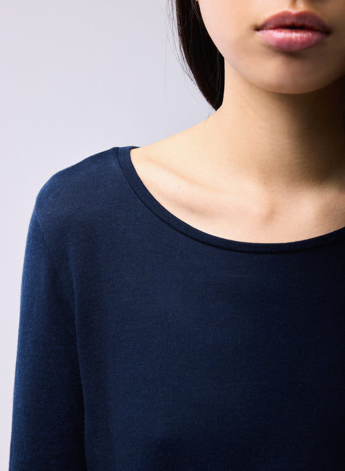 Blue / Grey T-shirt Round Neck Long Sleeves in Organic Cotton / Cashmere - MAJESTIC FILATURES