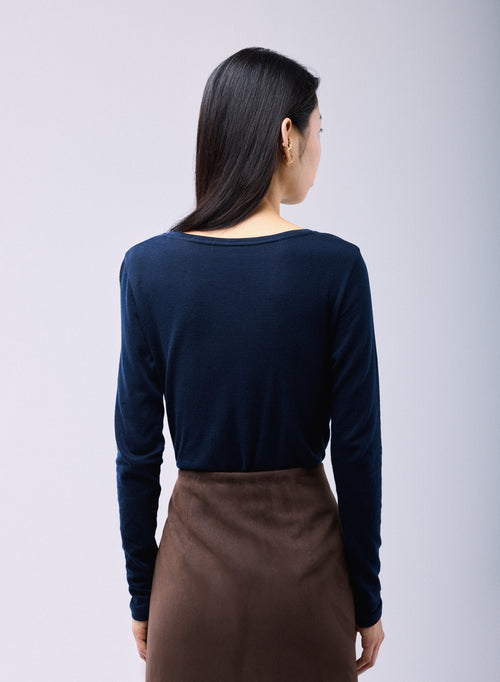 Blue / Grey T-shirt Round Neck Long Sleeves in Organic Cotton / Cashmere - MAJESTIC FILATURES