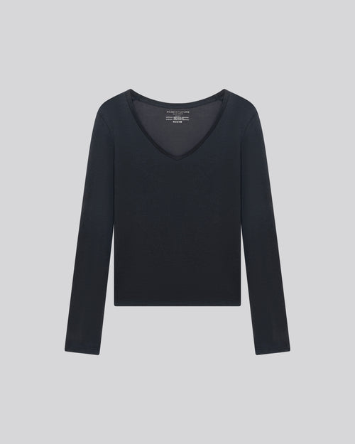T-shirt Bleu / Gris Col V Manches Longues en Coton organique / Cachemire - MAJESTIC FILATURES