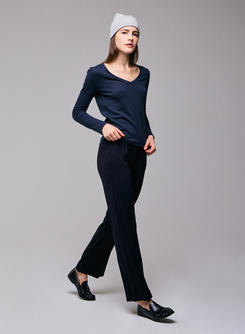 T-shirt Bleu / Gris Col V Manches Longues en Coton organique / Cachemire - MAJESTIC FILATURES