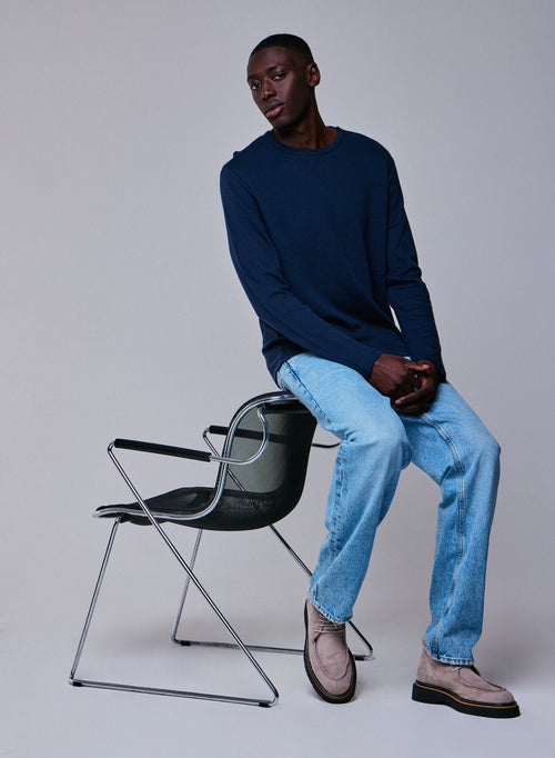 T-shirt Bleu / Gris Col Rond Manches Longues en Coton organique / Cachemire - MAJESTIC FILATURES