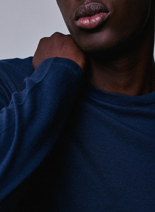 T-shirt Bleu / Gris Col Rond Manches Longues en Coton organique / Cachemire - MAJESTIC FILATURES