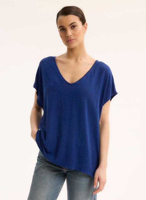 Tee shirt Bleu Col V Manches Courtes - MAJESTIC FILATURES