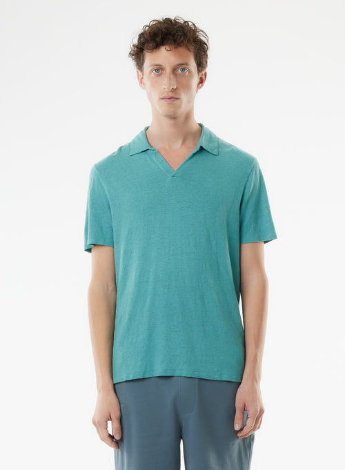 Blue Short Sleeve Polo Collar Linen / Elastane T-shirt - MAJESTIC FILATURES