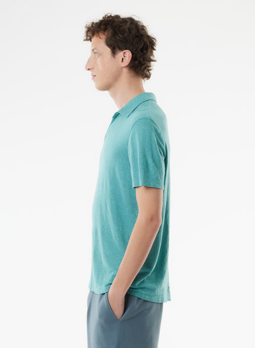 Blue Short Sleeve Polo Collar Linen / Elastane T-shirt - MAJESTIC FILATURES