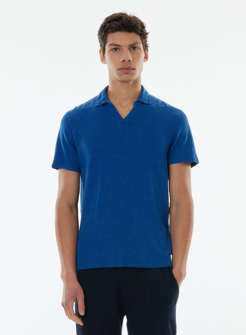 Blue Short Sleeve Polo Collar Linen / Elastane T-shirt - MAJESTIC FILATURES