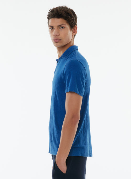 Blue Short Sleeve Polo Collar Linen / Elastane T-shirt - MAJESTIC FILATURES