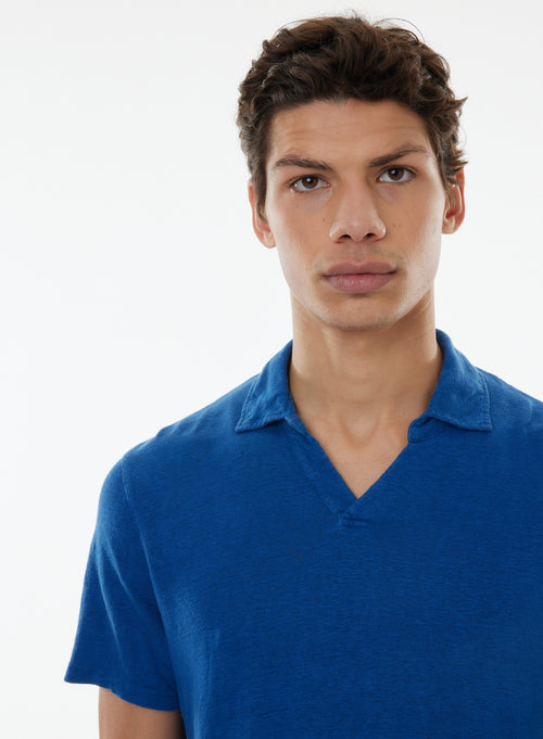 Blue Short Sleeve Polo Collar Linen / Elastane T-shirt - MAJESTIC FILATURES