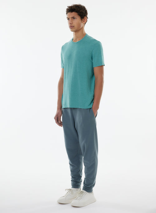 Blue Short Sleeve Round Neck Linen / Elastane T-shirt - MAJESTIC FILATURES