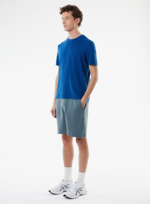 Blue Short Sleeve Round Neck Linen / Elastane T-shirt - MAJESTIC FILATURES