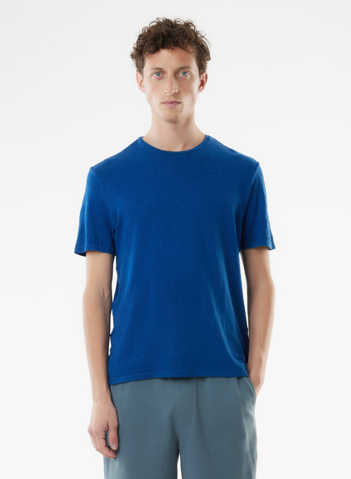 Blue Short Sleeve Round Neck Linen / Elastane T-shirt - MAJESTIC FILATURES