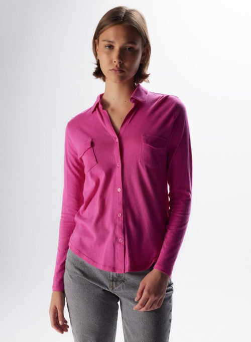 Camisa Rosa Neón con Mangas Largas de Algodón y Cachemira - MAJESTIC FILATURES