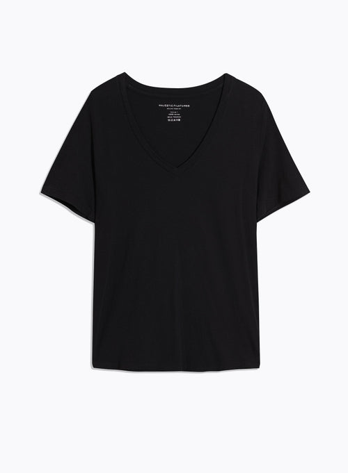 T-shirt Noir Patty col V manches courtes en Coton - MAJESTIC FILATURES