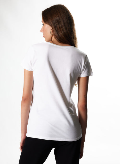 T-shirt Blanc Julia col V Manches Courtes en Deluxe Coton - MAJESTIC FILATURES