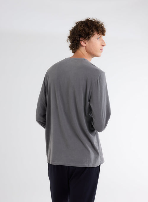 Grey Long Sleeve Crew Neck T-Shirt in Organic Cotton and Elastane - MAJESTIC FILATURES